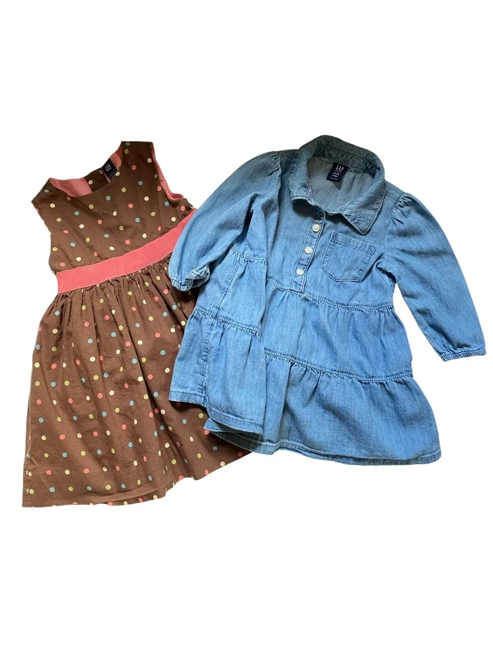 Baby Gap Dress Bundle 100% Cotton Brown Polka Dot & Blue Denim Chambray 18-24 mo